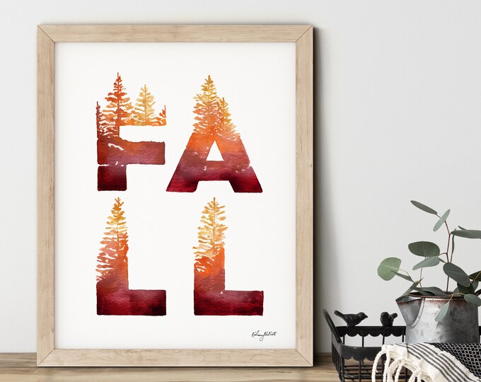 Fall Forest Wall Art, Fall Art Print, Autumn Trees, Watercolor Painting, Fall Home Decor, Fall Leaves, Autumn Decor, Red Orange