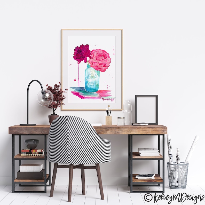 May include: A watercolor painting of pink and purple flowers in a blue mason jar with the word "Ball" on the jar. The background is a watercolor wash of pink, blue, and green.
