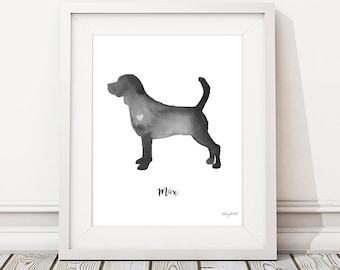 Beagle Dog Watercolor Painting, Personalized Dog Name Print, Dog Silhouette, Dog Memorial, Custom Beagle Dog, Dog Lover Gift, Dog Print