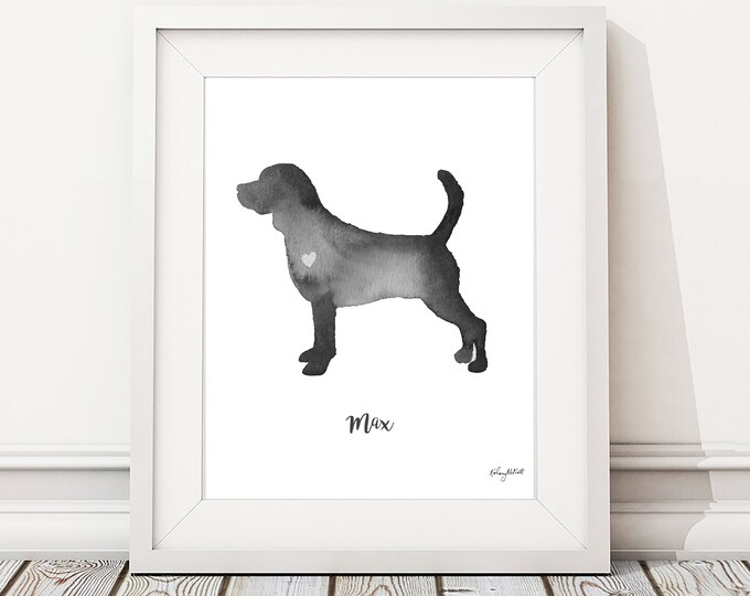Beagle Dog Watercolor Painting, Personalized Dog Name Print, Dog Silhouette, Dog Memorial, Custom Beagle Dog, Dog Lover Gift, Dog Print