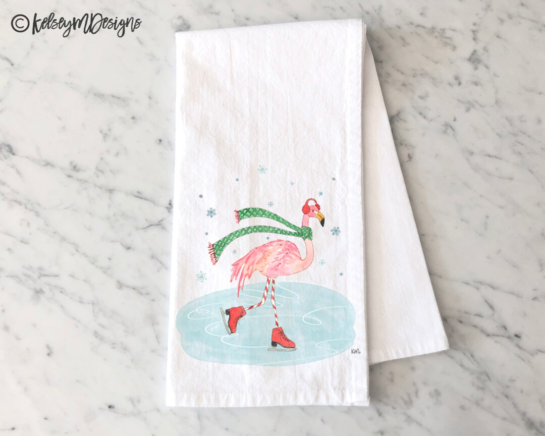 Holiday Ice Skating Flamingo Tea Towel Christmas Kitchen Etsy