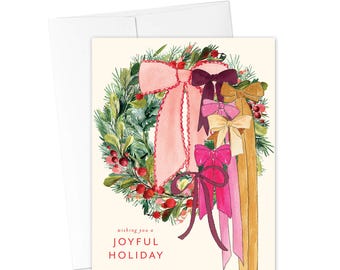 CHRISTMAS CARDS, Joyful Holiday Wishes Greeting Card, Christmas Cards, Wreath & Bow  Greeting Card, Holiday Bows, Christmas Bow