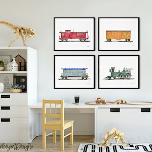 May include: Four watercolor paintings of vintage train cars and a locomotive. The paintings are framed in black and hung on a white wall. The paintings are in a children's room with a wooden desk, a chair, and a dinosaur toy.