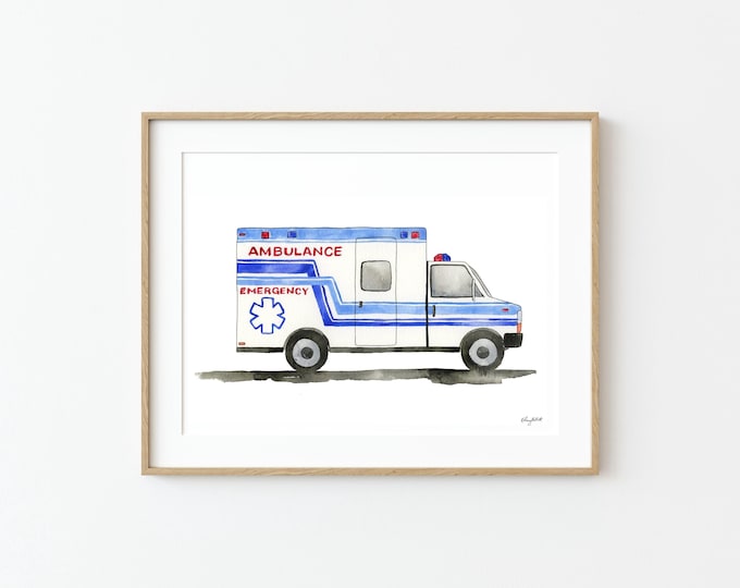 Ambulance Art Print, Emergency Vehicle Wall Art, Transportation Decor, Boy Room Decor, Kids Bedroom Art, Emergency Truck Watercolor Painting