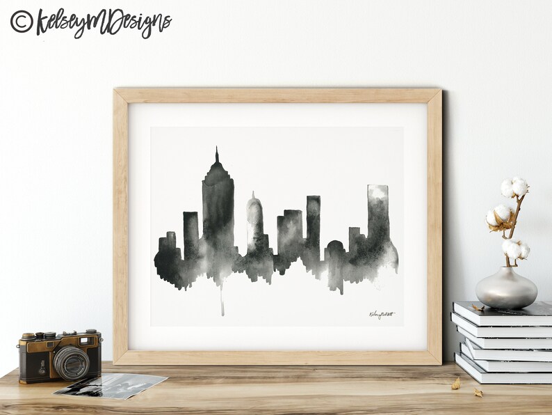New York City Skyline Print, Black NYC Cityscape, NYC Skyline Painting, Watercolor Painting, New York City Travel Poster, NYC Travel Gift