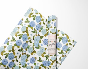 Juego de 3 hojas de papel de regalo con hortensias azules, ideal para cumpleaños, baby shower y bodas.