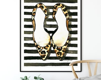 Leopard Shoes Wall Art, Fashion Art Print, Fashion Illustration, Stripes Home Decor, Leopard Print Home Decor, Watercolor Painting