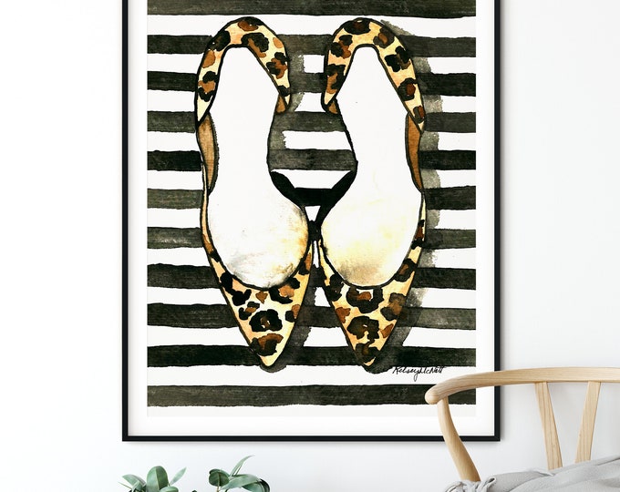 Leopard Shoes Wall Art, Fashion Art Print, Fashion Illustration, Stripes Home Decor, Leopard Print Home Decor, Watercolor Painting
