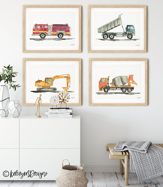 Set of 4 Construction Vehicle Wall Art, Kids Gallery Wall Set, Transportation Truck Art Print, Dump Truck, Fire Truck, Toddler Room Decor