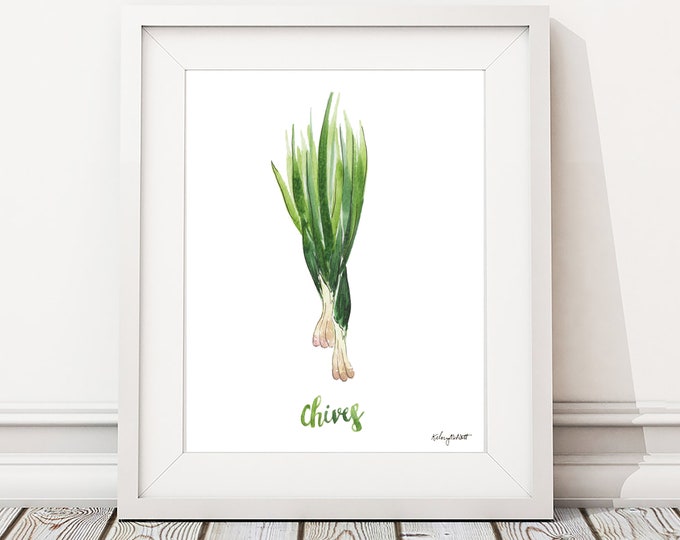 Chives Herb Plant Print, Kitchen Print, Spice Wall Art, Onion Painting, Herbs Kitchen Art, Watercolor Painting, Watercolor Herbs, Botanical