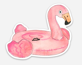Pink Flamingo Pool Float Watercolor Sticker, Summer Vinyl Sticker (3x3")