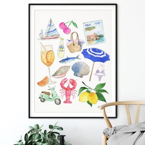 May include: A watercolour illustration of various Italian-themed items, including a sailboat, cherries, a basket, a bottle of sparkling water, a glass of Aperol Spritz, a fish, a seashell, an umbrella, a bikini, a lobster, lemons, and a scooter. The illustration is framed in black and set against a white background.