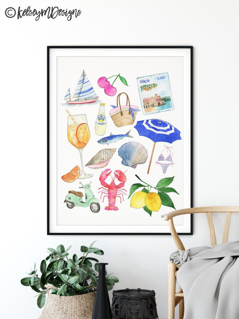 May include: A watercolour illustration of various Italian-themed items, including a sailboat, cherries, a basket, a bottle of sparkling water, a glass of Aperol Spritz, a fish, a seashell, an umbrella, a bikini, a lobster, lemons, and a scooter. The illustration is framed in black and set against a white background.