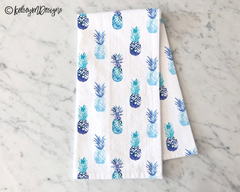 Blue Pineapple Tea Towel, Summer Kitchen Decor, Blue White Dish Towel, Summer Decor, Flour Sack Cotton Towel, Gifts for Her, Pineapple Decor image 1