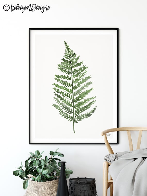 シダのプリント、緑の壁飾り、水彩画の植物画、植物イラスト、自然の森