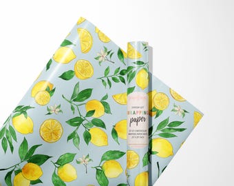 Lemon Wrapping Paper Set of 3 Sheets, Blue Lemon Gift Wrap Sheets, Birthday Wrapping Paper, Citrus Gift Wrap, Baby Shower