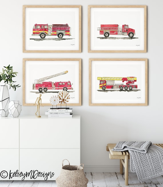 Set of 4 Fire Truck Wall Art, Kids Gallery Wall Set, Truck Art Prints, Fire Truck Print Nursery, Watercolor Painting, Fire Engine Decor