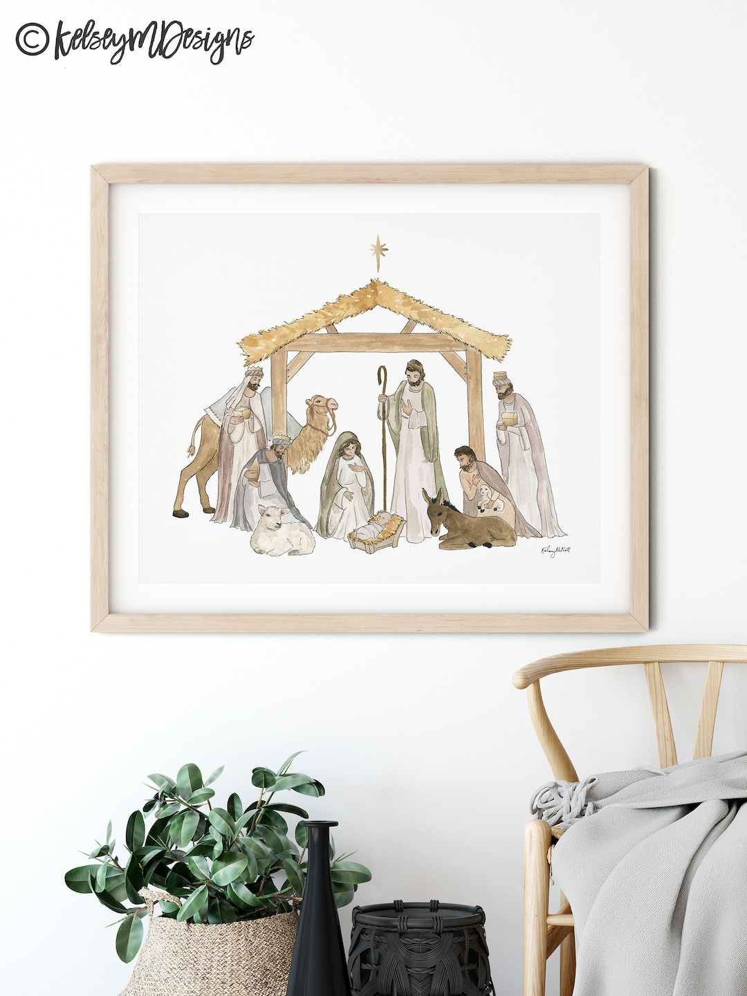 Christmas Nativity Scene Wall Art, Baby Jesus Watercolor Painting