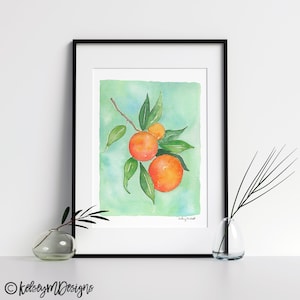 May include: Watercolor painting of a branch with three oranges on a light green background. The oranges are a vibrant orange color with a hint of yellow. The leaves are a deep green.