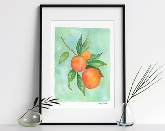 Oranges Wall Art, Fruit Art Print, Botanical Watercolor Painting, Kitchen Wall art, Orange Illustration, Kitchen Decor, Garden Wall Art