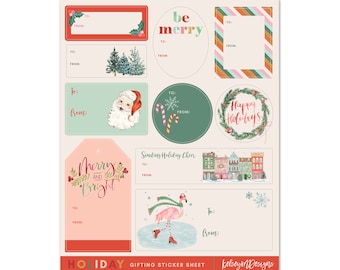 Christmas Gift Tags Sticker Sheet, Present Stickers, Colorful Holiday Gift Tag Label, Fun Present Paper Name Tags