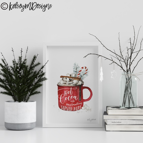 Hot Cocoa Art, Christmas Watercolor Painting, Holiday Wall Art, Coffee Decor, Kitchen Art, Holiday Kitchen Decor, Hot Chocolate Bar Sign