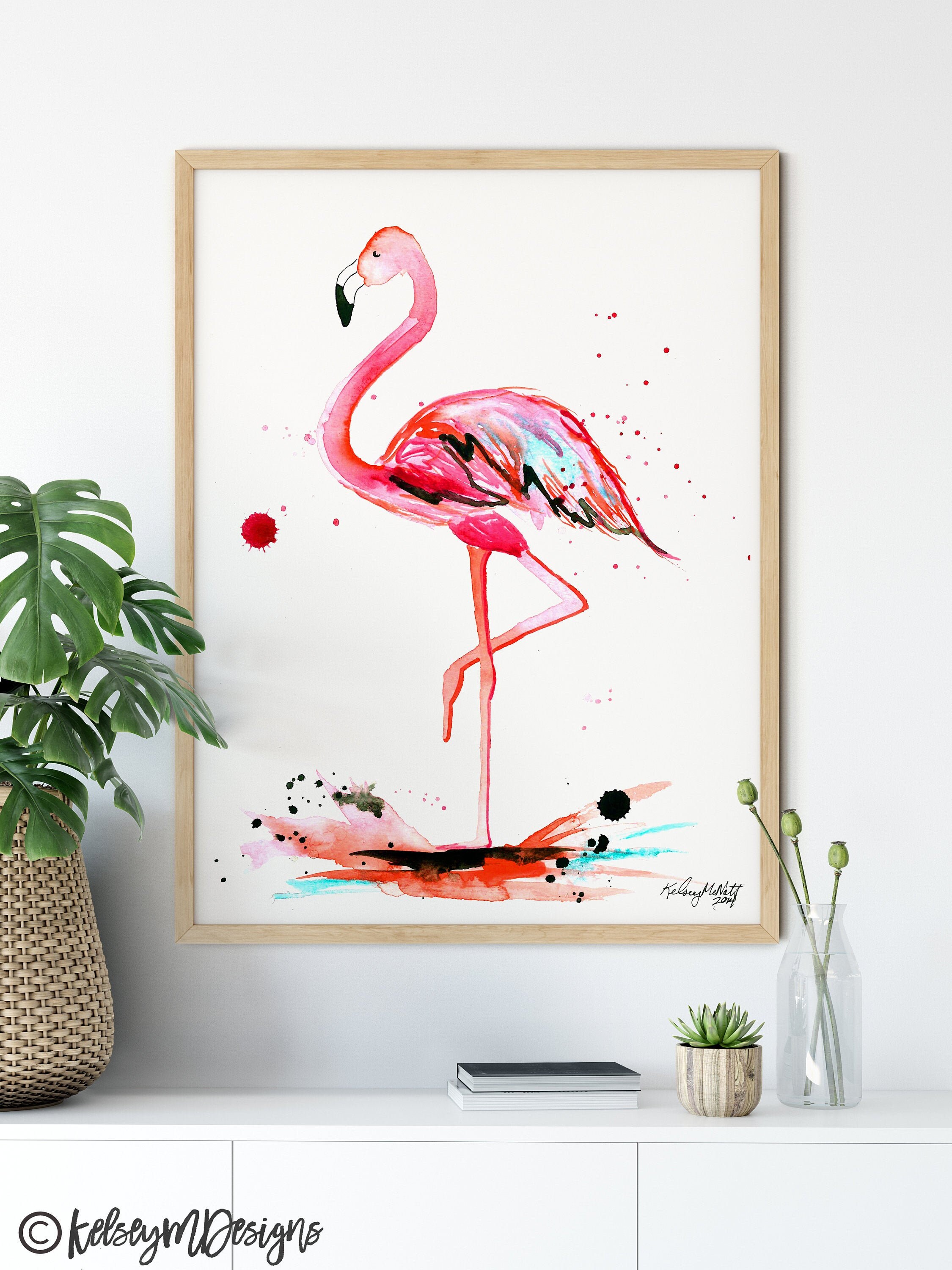 Flamingo Print, Flamingo Wall Art, Watercolor Painting, Beach