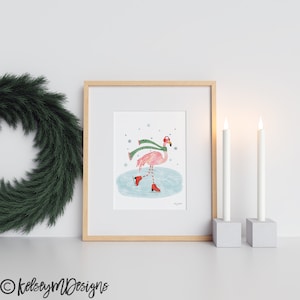 Eislaufen Flamingo Wandkunst, Aquarell Malerei, Bunte Weihnachtskunst, Weihnachtsdekoration, Rosa Weihnachten, Flamingo Wandkunst