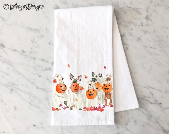 Halloween Ghost Dogs Tea Towel, Fall Kitchen Decor, Halloween Dish Towel, Dogs Kitchen Towel, Halloween Decor, Fall Tea Towel