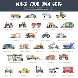 May include: Watercolor illustrations of various vehicles, including a school bus, police car, ambulance, steam roller, and more. The text at the top says "MAKE YOUR OWN SETS". The image features a variety of trucks, tractors, and other vehicles.