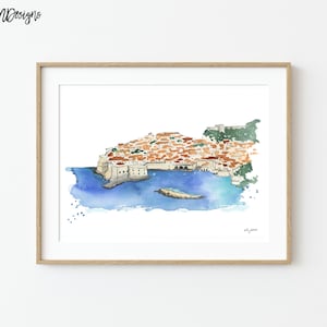 May include: Watercolor painting of a city on a peninsula with a blue ocean surrounding it. The city is made up of many buildings with red tile roofs. The painting is framed in a light wood frame.