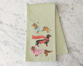 Deck the Halls Dachshund Tea Towel, Green Holiday Kitchen Towel with Christmas Dogs in Sweaters, Cute Wiener Dog Dish Towel Gift