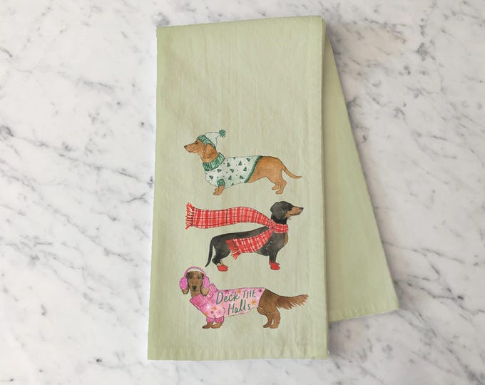 Deck the Halls Dachshund Tea Towel, Green Holiday Kitchen Towel with Christmas Dogs in Sweaters, Cute Wiener Dog Dish Towel Gift