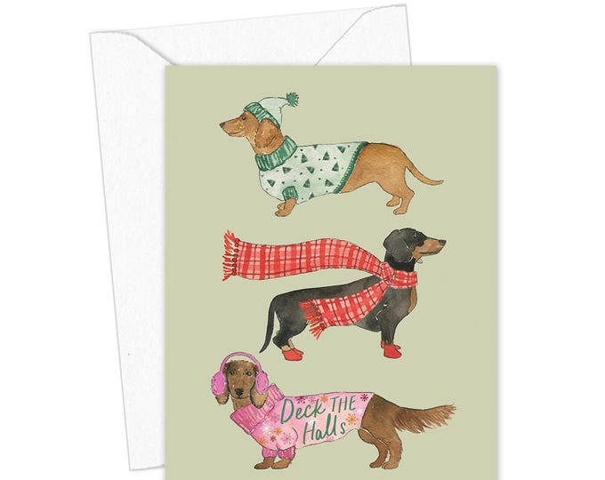 Deck the Halls Weenie Dog Holiday Card, Christmas Dachshund Card, Cute Holiday Dog Card, Dog Christmas Card, Dog Lover Greeting Card