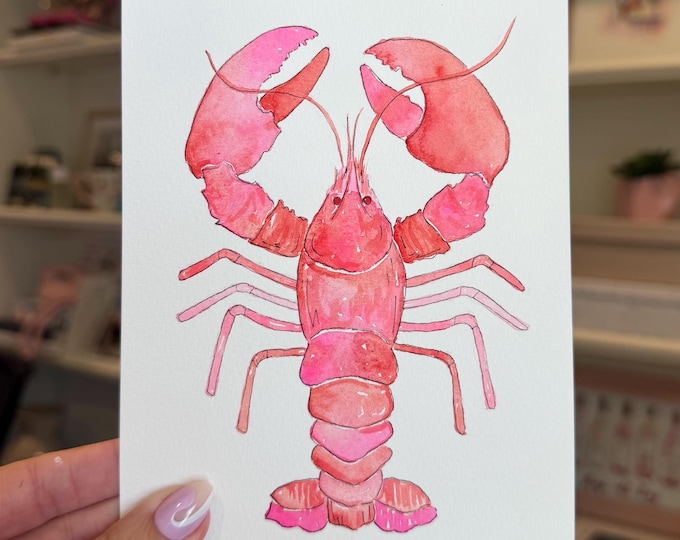 Original Red Lobster Watercolor, Pink Lobster Painting, Coastal Ocean Art, Nautical Wall Decor, 5x7 Original Artwork