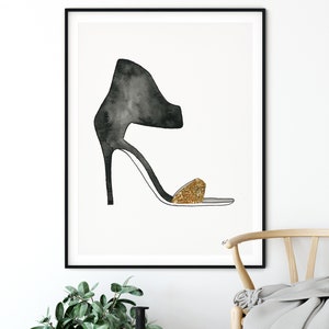 Black and Gold High Heels Wall Art, Fashion Home Decor, Girl Room Wall Art, Teen Girl Decor, Shoe Fashion Illustration, Watercolor Painting
