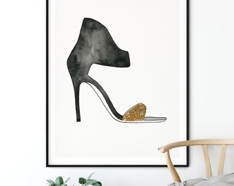 Black and Gold High Heels Wall Art, Fashion Home Decor, Girl Room Wall Art, Teen Girl Decor, Shoe Fashion Illustration, Watercolor Painting