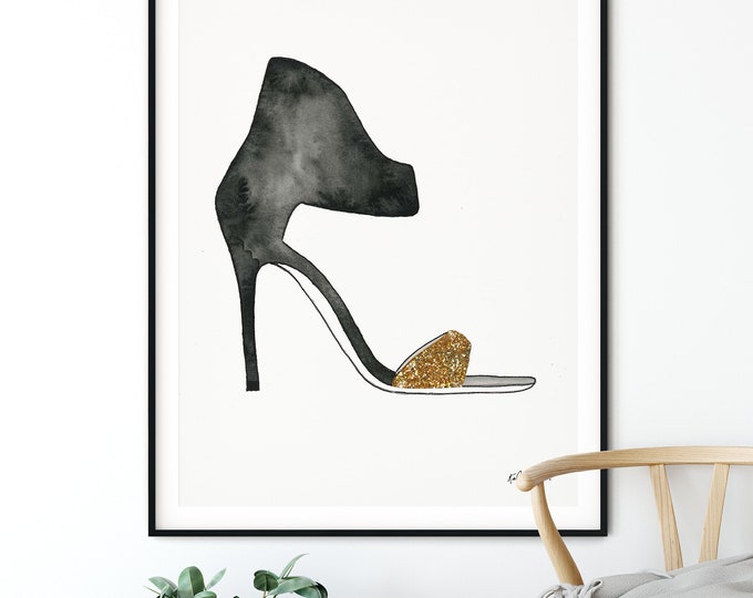 Black and Gold High Heels Wall Art, Fashion Home Decor, Girl Room Wall Art, Teen Girl Decor, Shoe Fashion Illustration, Watercolor Painting