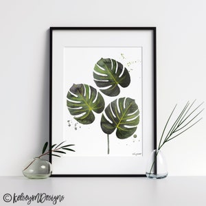 Monstera Deliciosa Plant Art Print, Kitchen Botanical Illustration, Living Room Wall Decor Tropical Watercolor Painting Paper Palm Poster