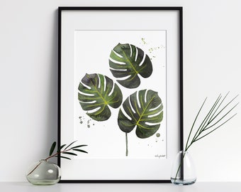 Monstera Deliciosa Plant Art Print, Kitchen Botanical Illustration, Living Room Wall Decor Tropical Watercolor Painting Paper Palm Poster
