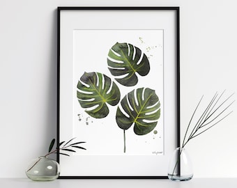 Monstera Deliciosa Plant Art Print, Kitchen Botanical Illustration, Living Room Wall Decor Tropical Watercolor Painting Paper Palm Poster