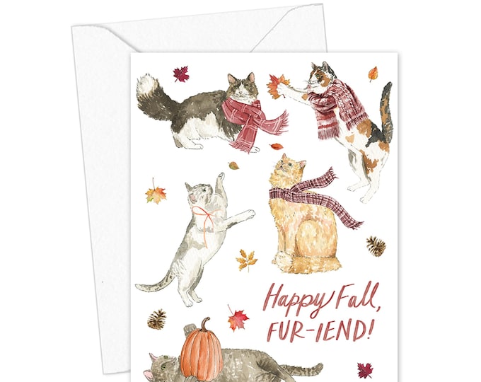 Happy Fall Fur-iend Card, Cat Fall Greeting Card, Cute Autumn Cat Card, Funny Fall Card, Blank Inside