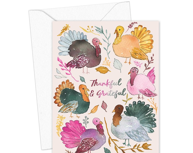 Thankful & Grateful Card, Turkey Thanksgiving Card, Colorful Fall Greeting Card, Autumn Card, Blank Inside