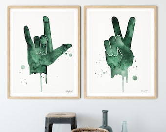 Set of 2 Peace Sign, I Love You Sign, Love Sign Language, Peace Print, Watercolor Painting, Kids Room Decor, Peace Fingers, Love Nursery Art