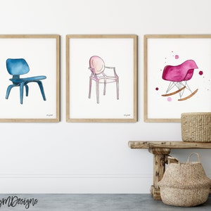 Mid Century Modern Chairs, Furniture Art, Set of 3 Prints, Jacobsen Chair silhouettes, Iconic chairs Eames chair egg chair - Chair Wall Art