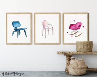 Mid Century Modern Chairs, Furniture Art, Set of 3 Prints, Jacobsen Chair silhouettes, Iconic chairs Eames chair egg chair - Chair Wall Art