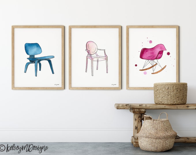 Mid Century Modern Chairs, Furniture Art, Set of 3 Prints, Jacobsen Chair silhouettes, Iconic chairs Eames chair egg chair - Chair Wall Art