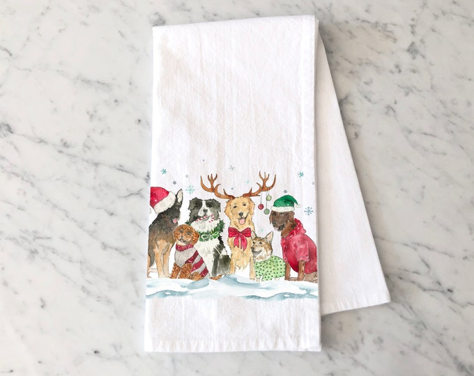 Christmas Dogs Tea Towel, Christmas Kitchen Decor, Holiday Dish Towel, Holiday Dog Decor, Christmas Dishcloth, Dog Lover Gift