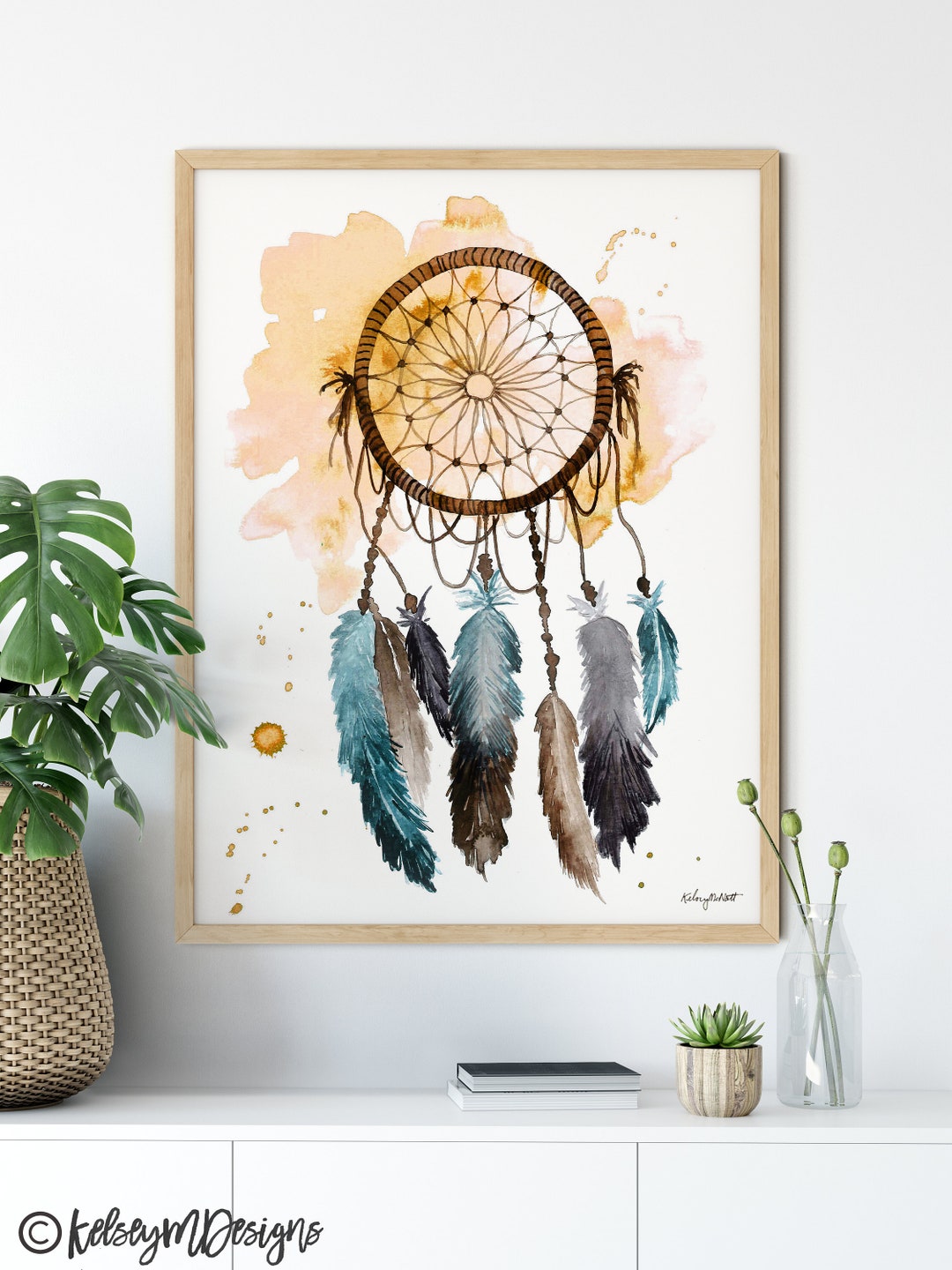 Orange Dreamcatcher Wall Art Watercolor Painting Feather Art - Etsy