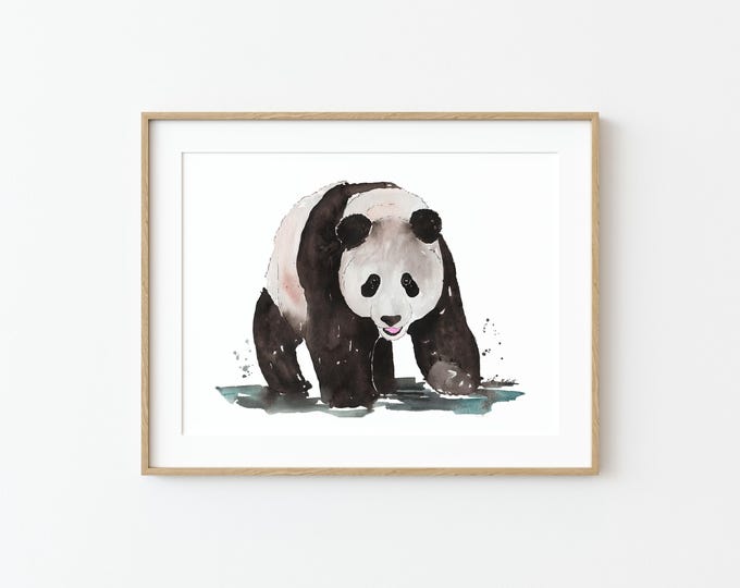 Panda Wall Art, Watercolor Panda Art Print, Giant Panda Decor, Kids Room Art, Bear Painting, Black & White Animal Art, Wildlife Painting
